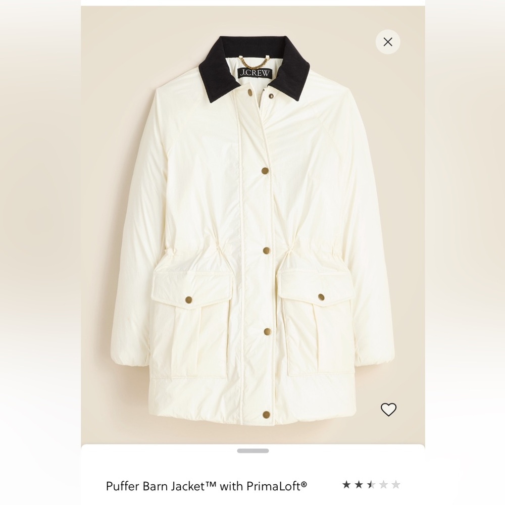NWT J.Crew Women's White Puffer Barn Jacket with PrimaLoft